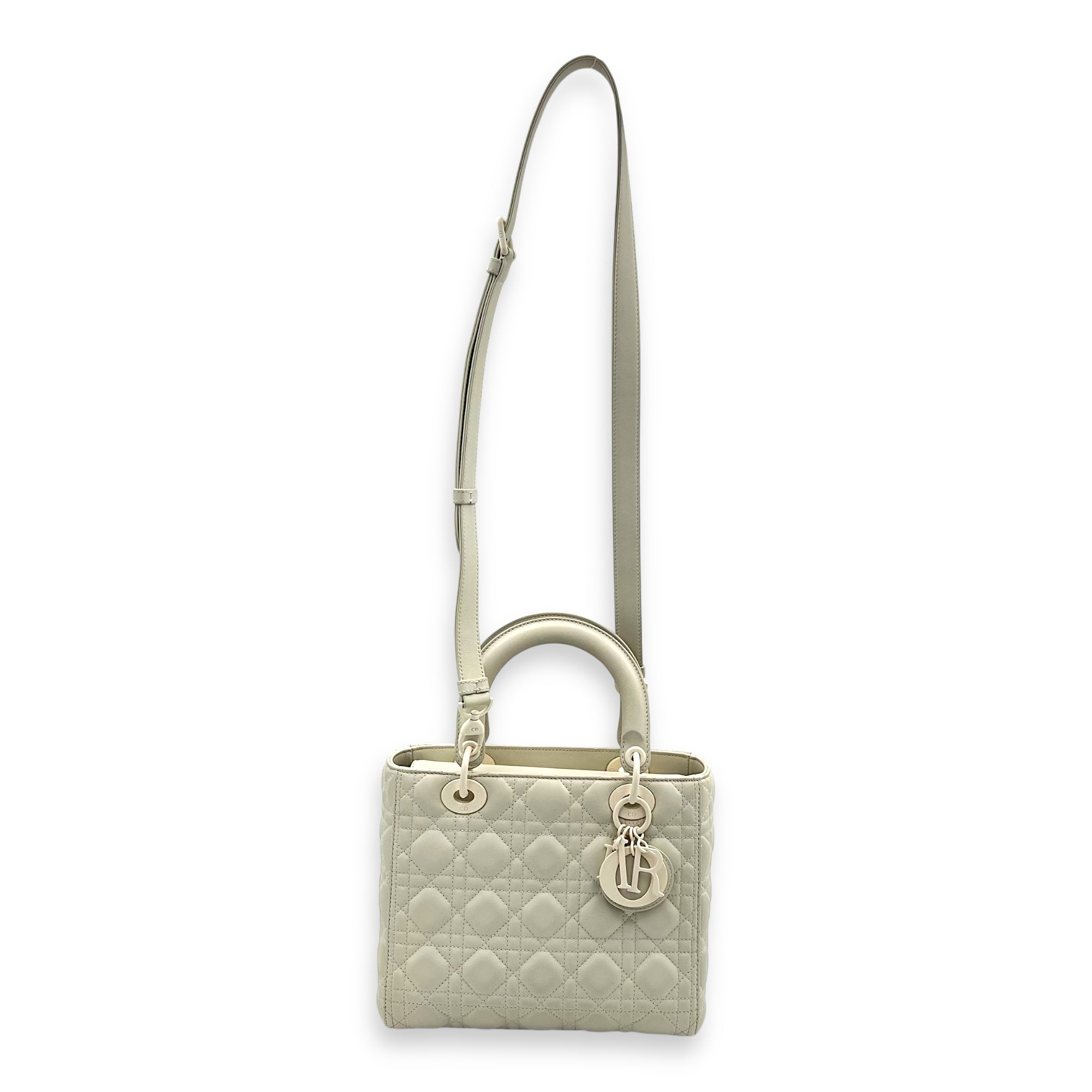 Lady Dior Top Handle Bag Medium White in Lambskin, Ultramatte hardware - Image 11