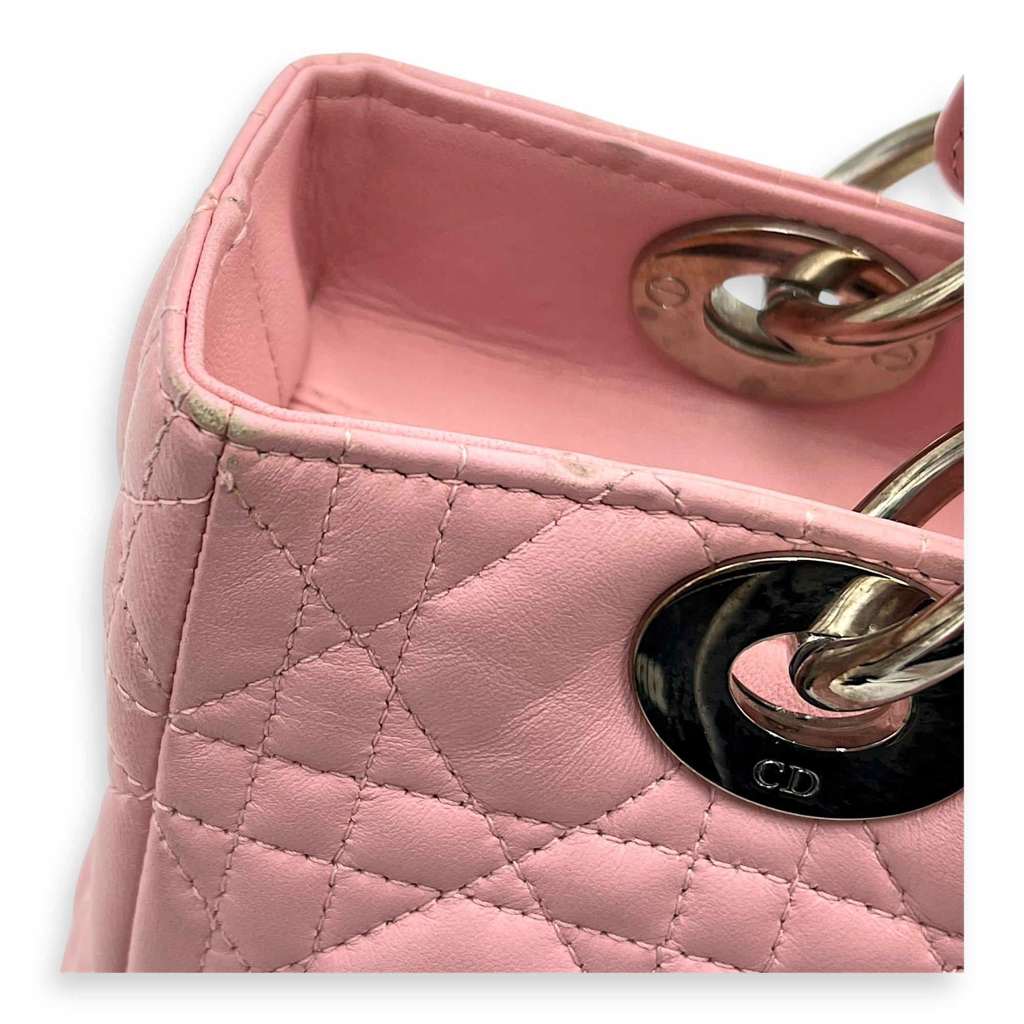Lady Dior Top Handle Bag Medium Pink in Calfskin, Silver hardware - Image 14