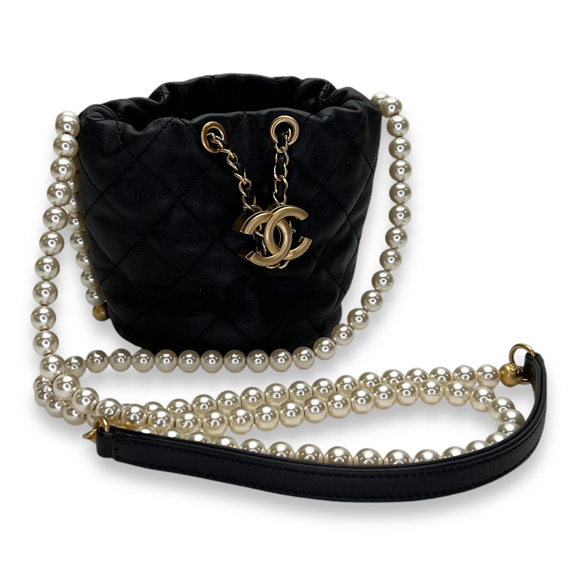 About Pearls Mini Black Bucket Bag in Calfskin, Gold hardware - Image 9