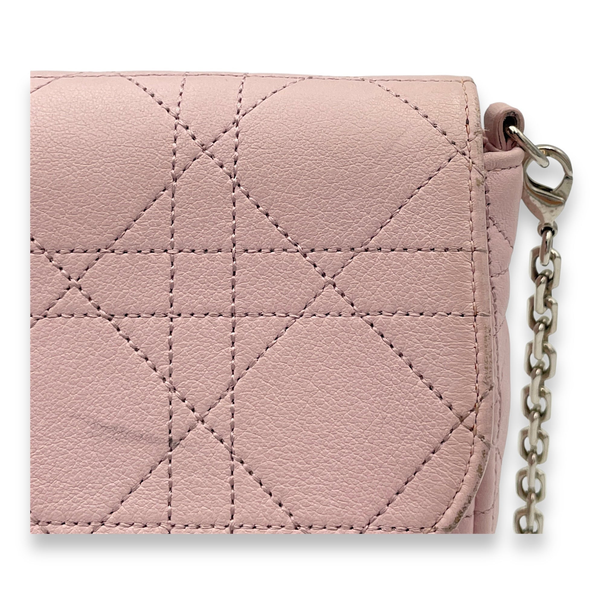 Cannage Stitched Diorling Pink Wallet On Chain in Calfskin, Silver hardware - Image 7