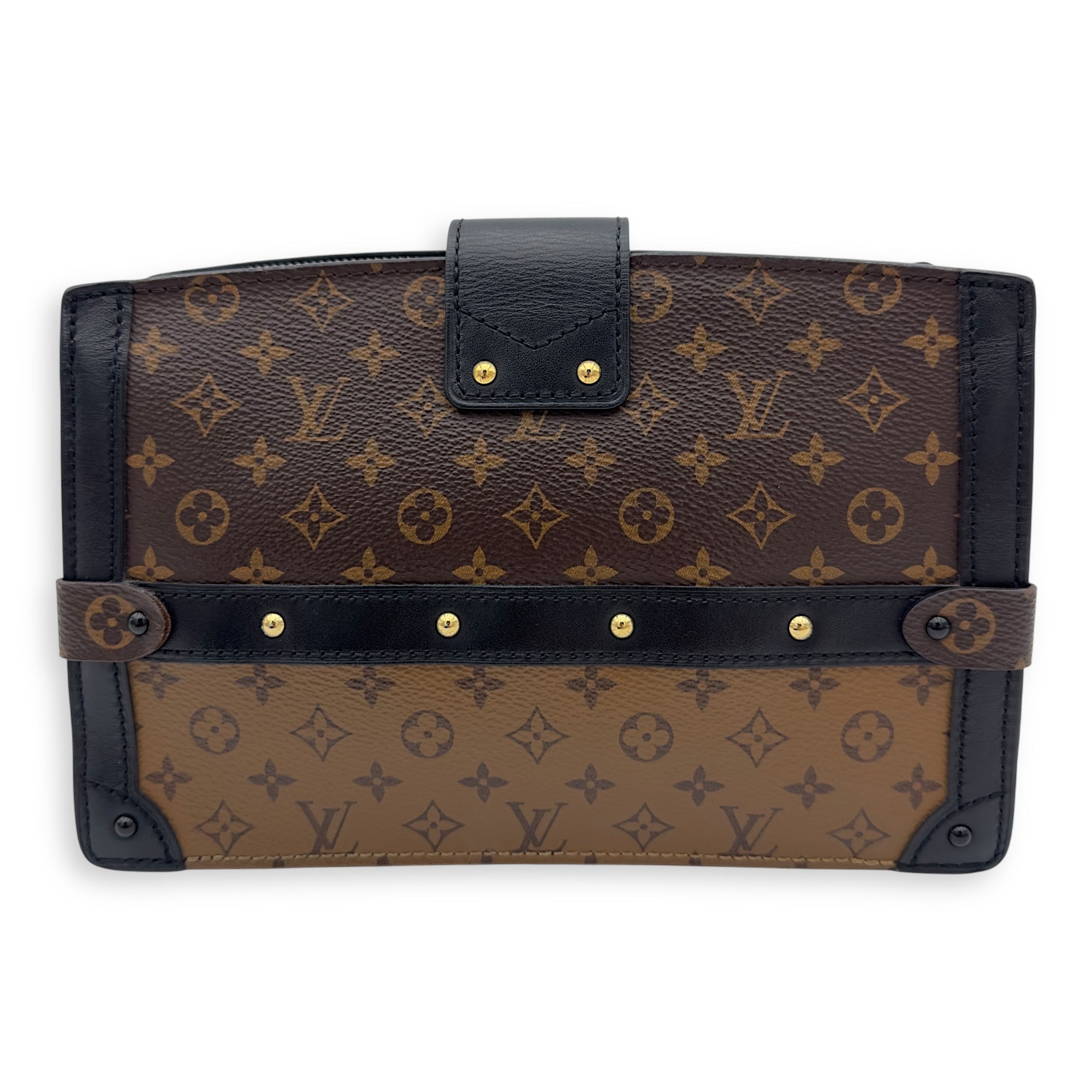 Trunk Clutch 2 Way Brown Crossbody Bag in Coated Canvas, Gold hardware - Image 3