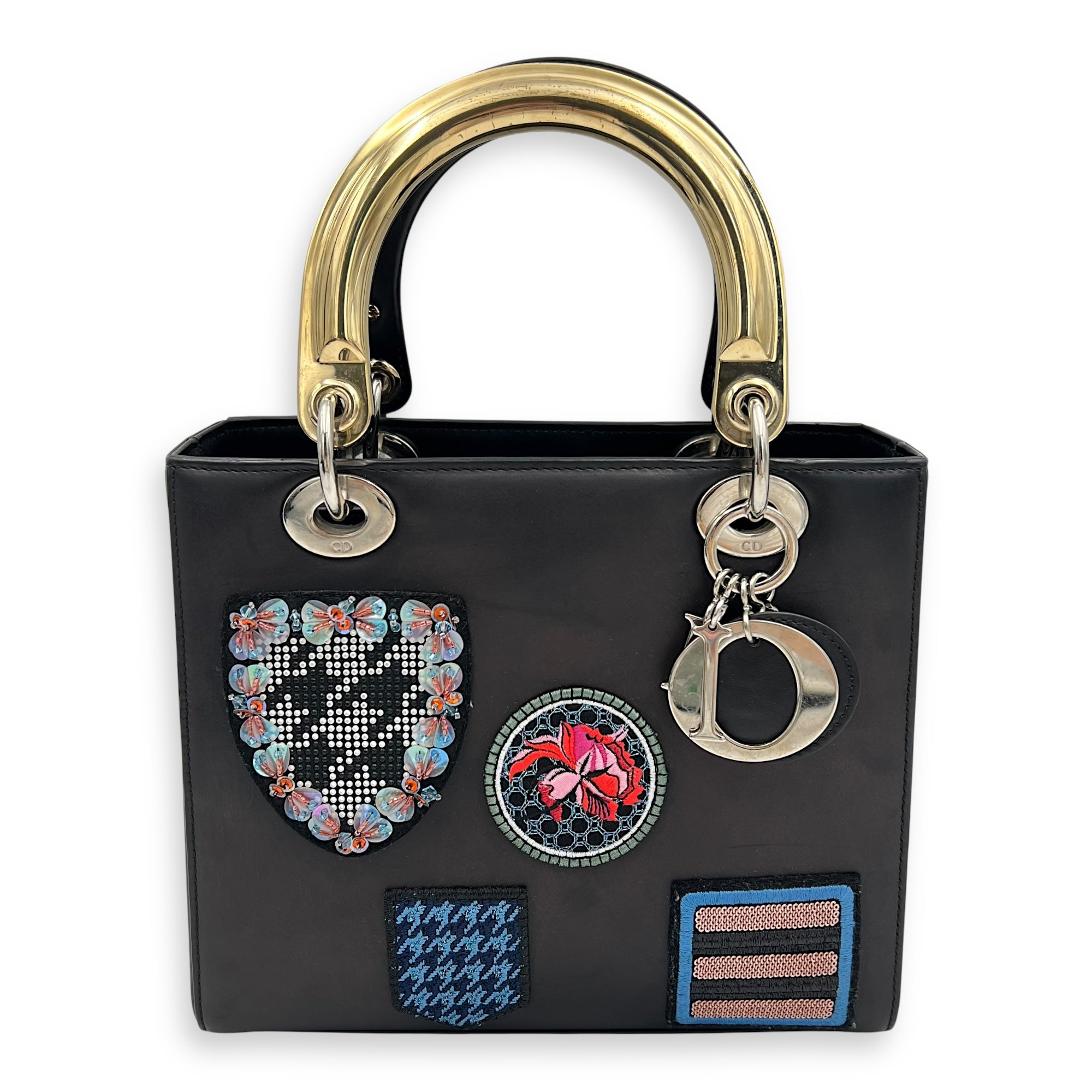 Lady Dior Top Handle Bag Small Black in Calfskin, Silver hardware