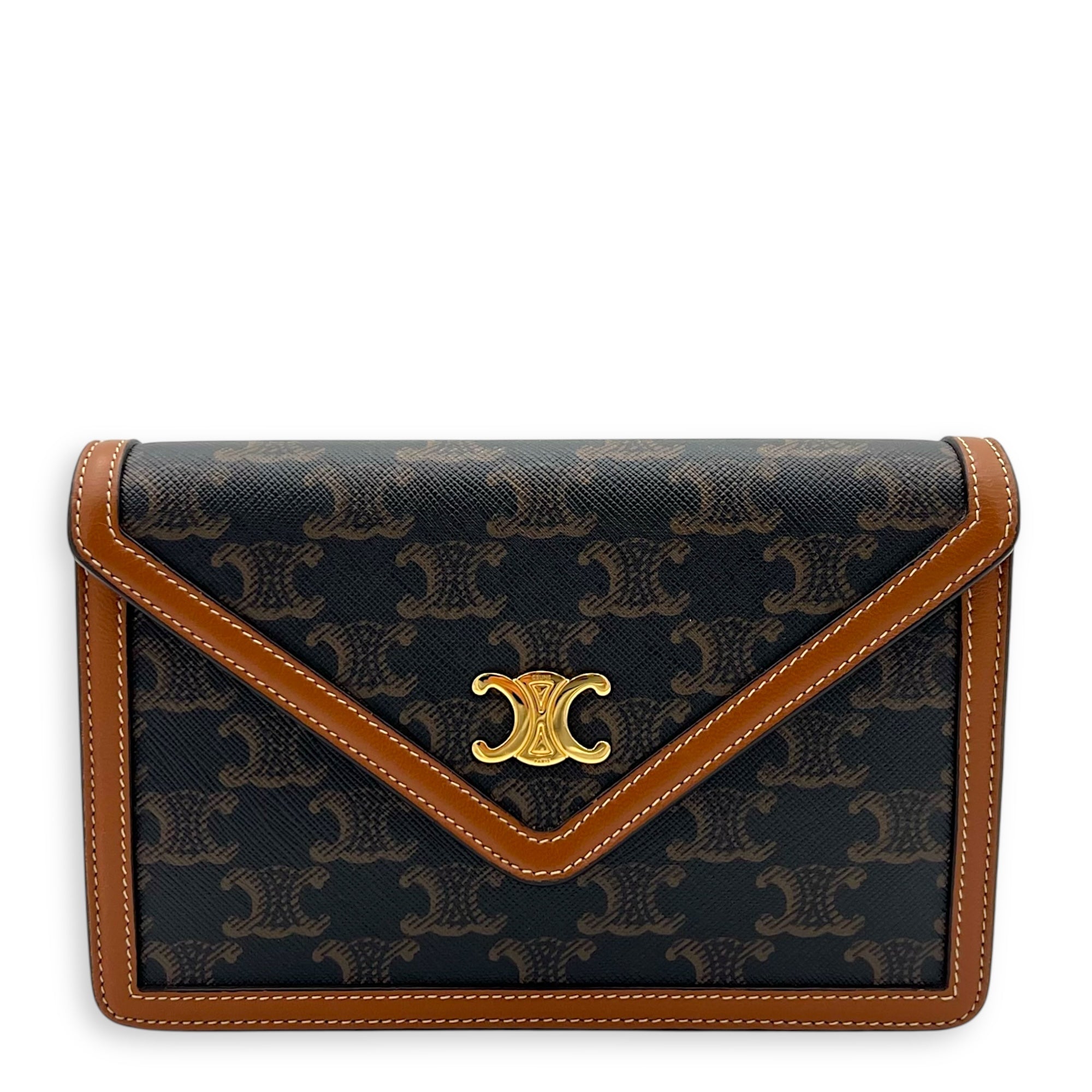 Triomphe Wallet On Chain Brown in Coated Canvas, Gold hardware