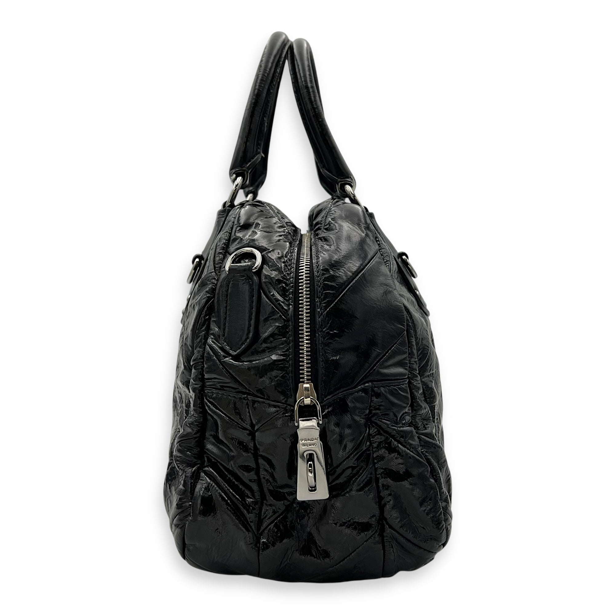 Quilted Top Handle Bag Black in Glazed Calfskin, Silver hardware - Image 5