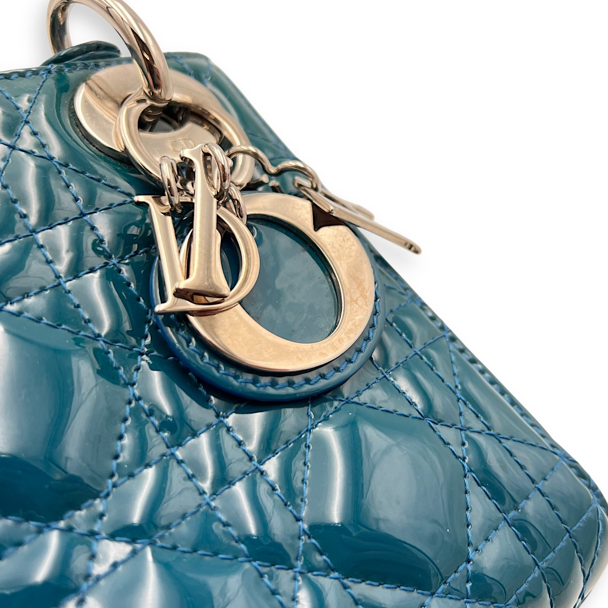 Lady Dior Mini Blue Top Handle Bag in Patent Leather, Silver hardware - Image 8