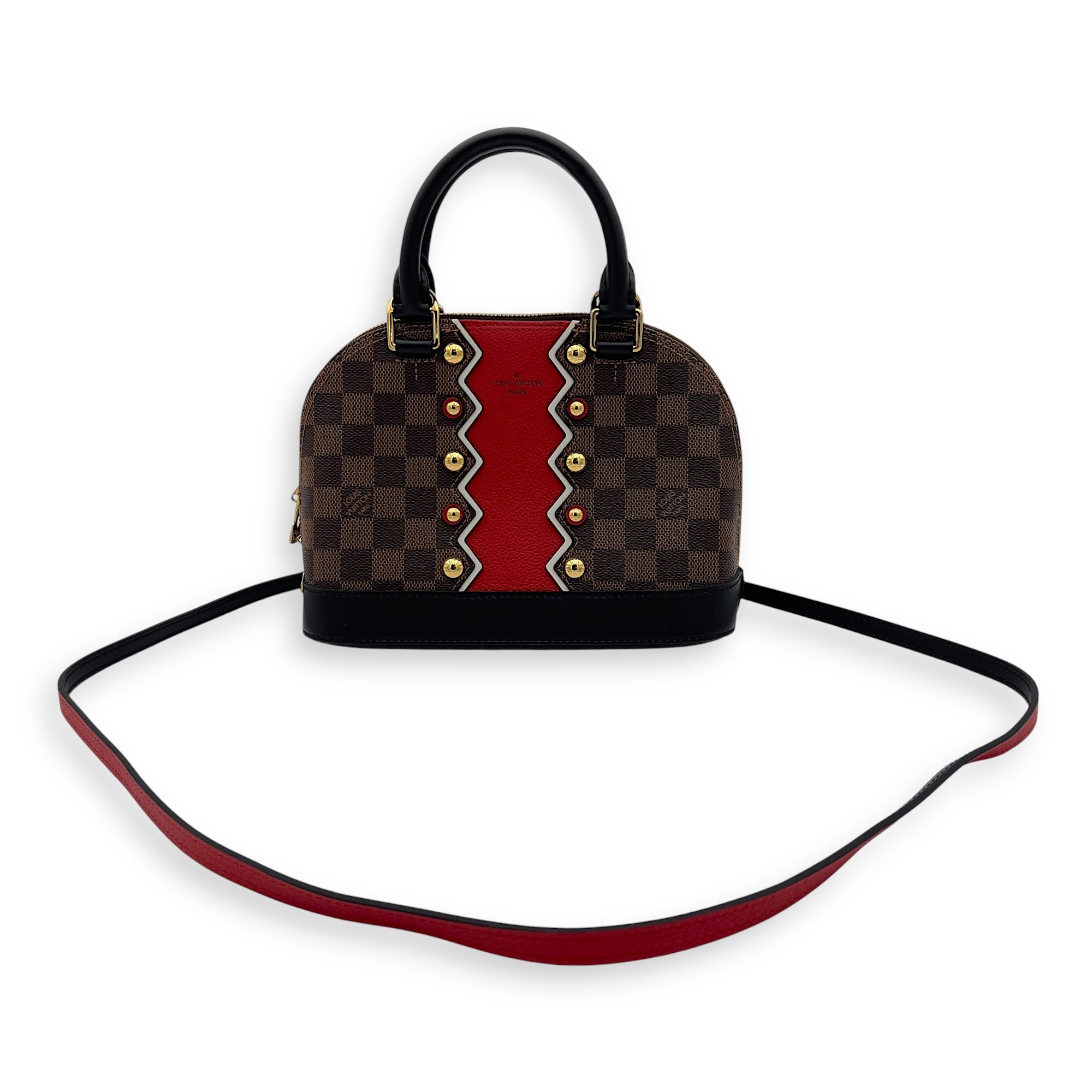 Karakoram Alma BB Damier Ebene Top Handle Bag in Coated Canvas, Gold hardware - Image 8