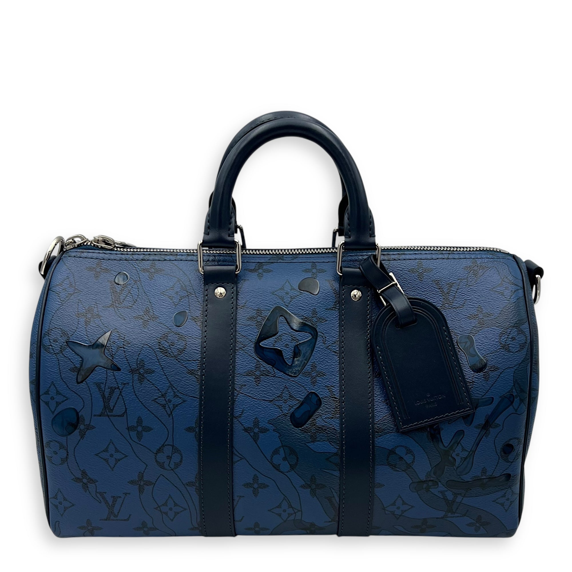 Limited Edition Acquagarden Keepall 35 Blue Top Handle Bag in Coated Canvas, Silver hardware