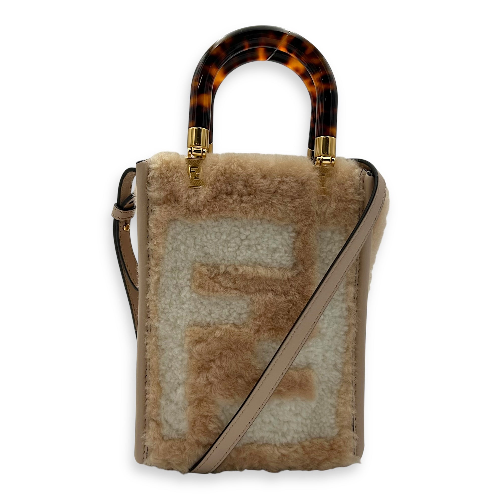 Sunshine Top Handle Bag Mini Beige in Faux Fur, Gold hardware - Image 10