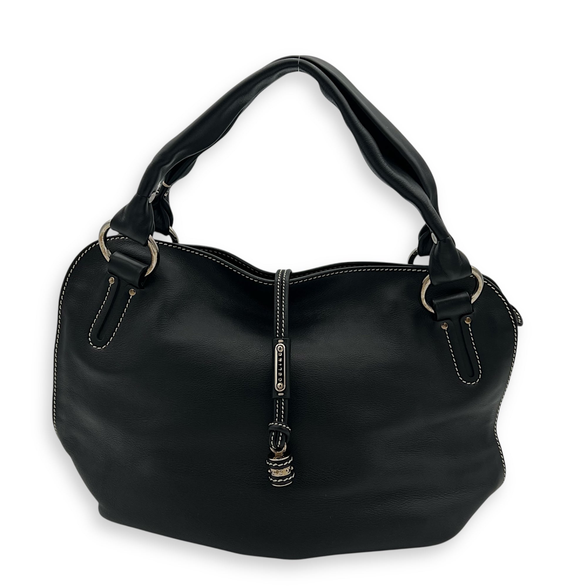 Bittersweet Black Top Handle Bag in Calfskin, Silver hardware